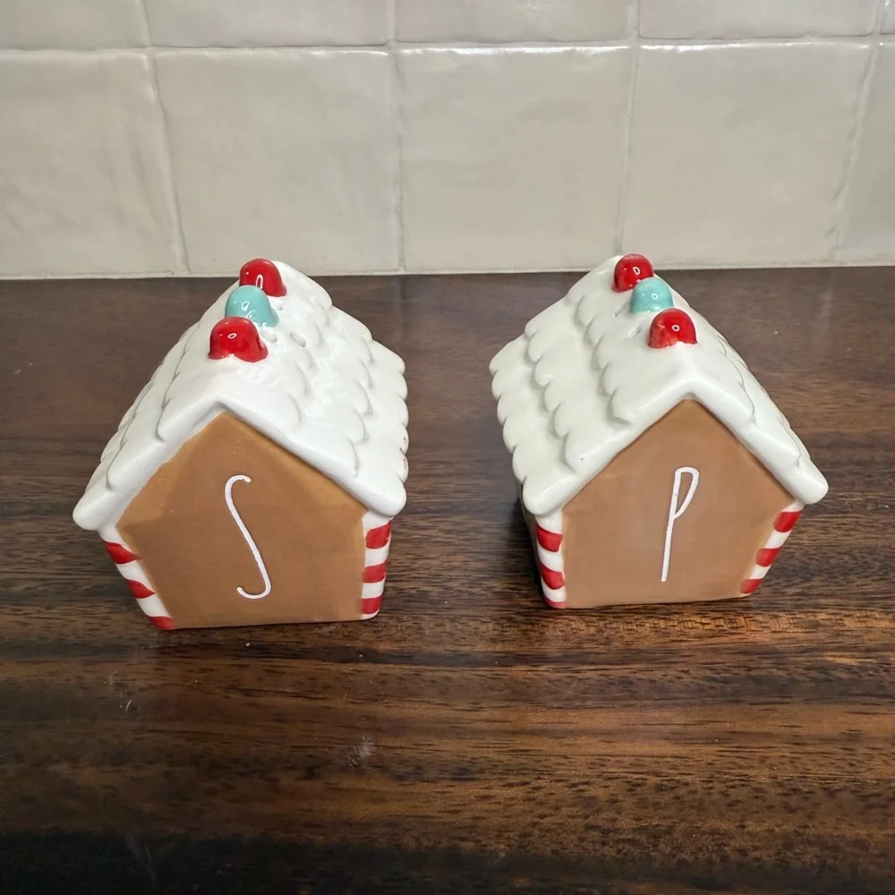 Rae Dunn Christmas Gingerbread House Salt & Pepper Shaker Set, Red Candy Cane